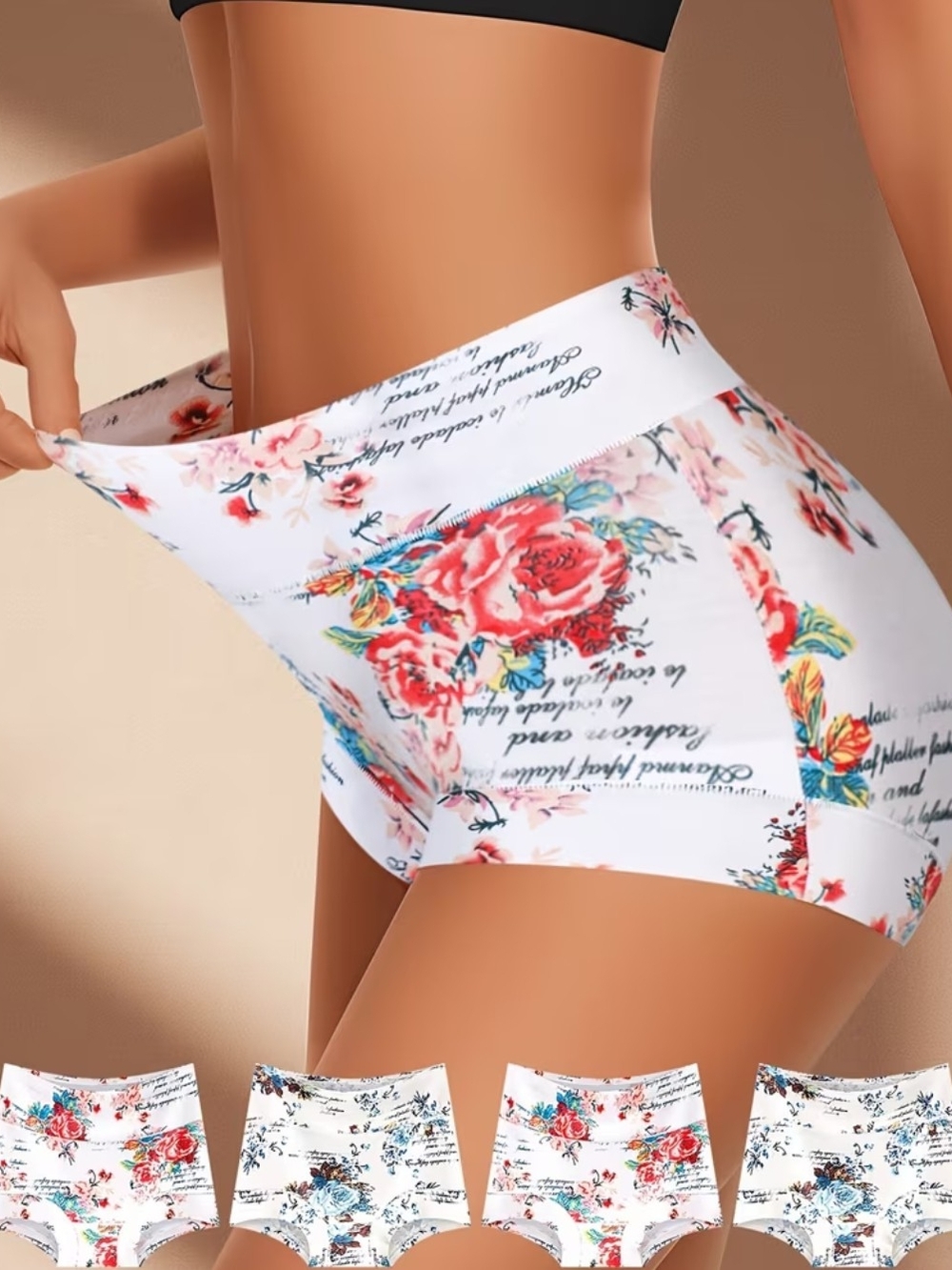 4 Pairs Floral High-Waist Women's Briefs White Full Butt Coverage High Quality